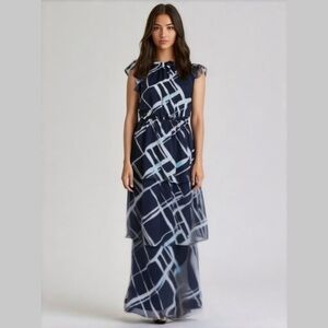 Julia Jordan Navy Blue Ruffle Tier Dress 14 | Abstract Print Midi Summer Dress